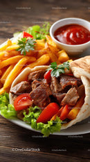 Delicious Kebab with Fries and Fresh Vegetables