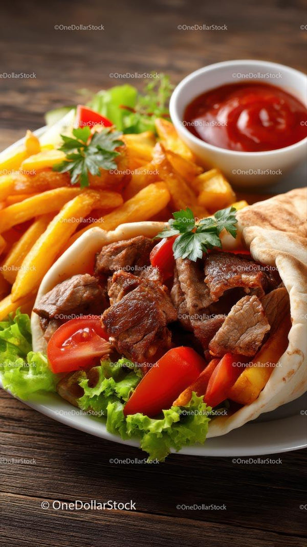Delicious Kebab with Fries and Fresh Vegetables