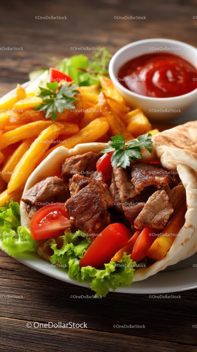 Delicious Kebab with Fries and Fresh Vegetables