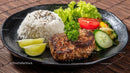 Grilled Steak with Rice and Fresh Veggie Garnish