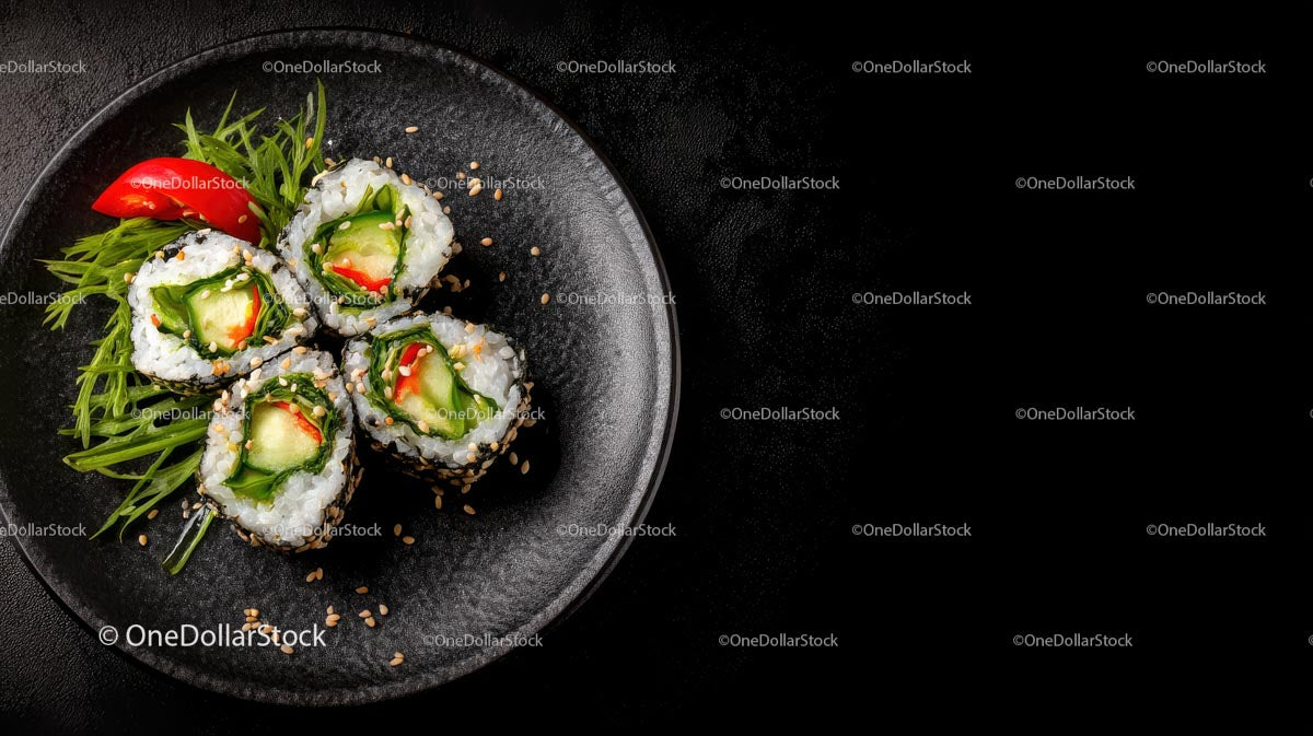 Vegetarian Sushi Rolls on Elegant Black Plate