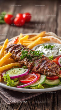 Grilled Kebab with Fresh Salad and Fries on Plate