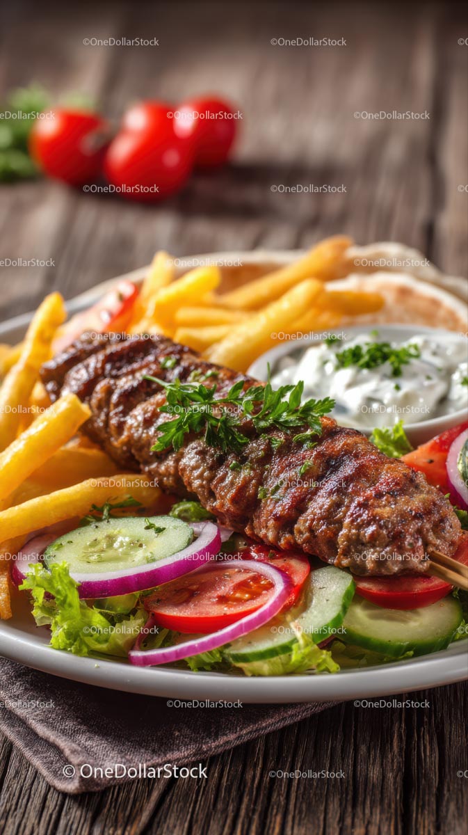 Grilled Kebab with Fresh Salad and Fries on Plate