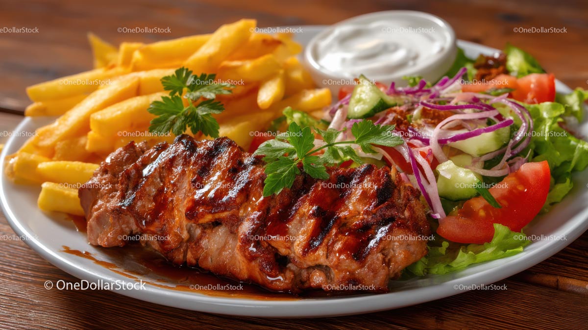 Grillowany stek z frytkami i świeżą sałatką na talerzu