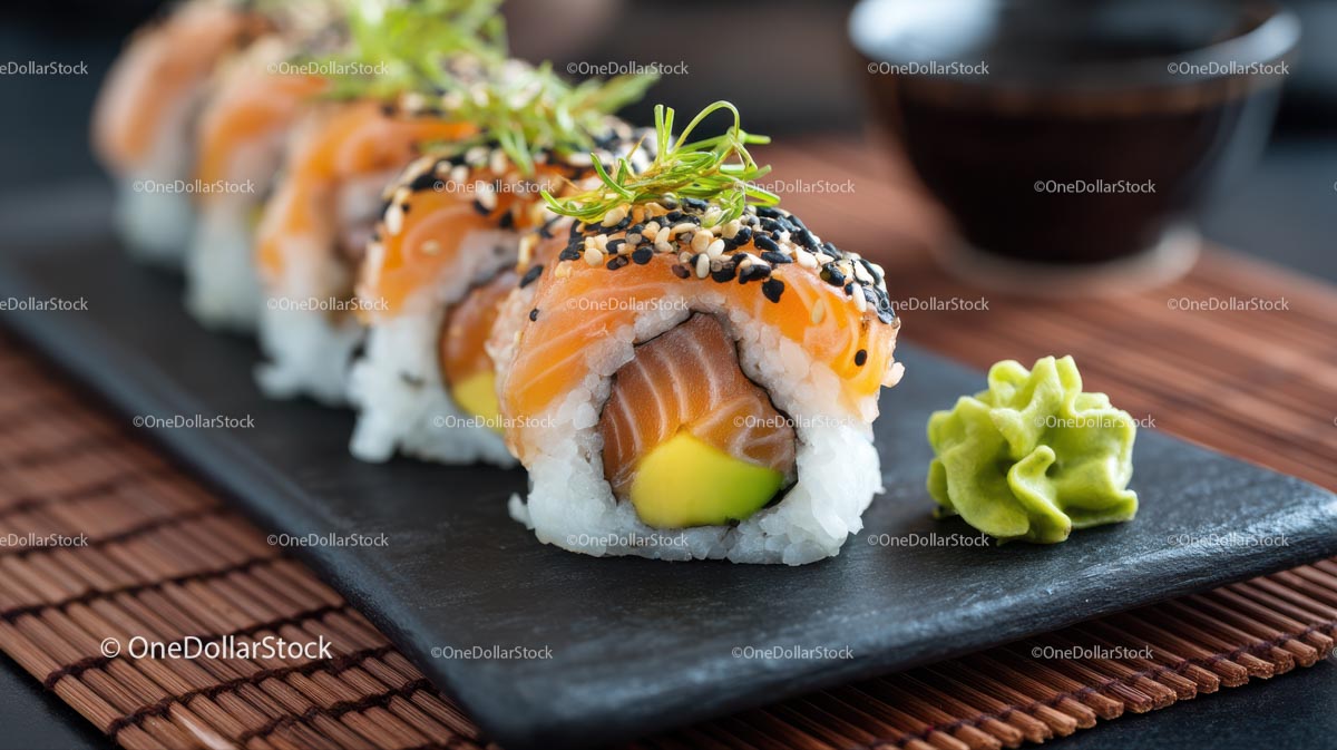 Delicious Salmon Sushi Roll with Avocado and Herbs