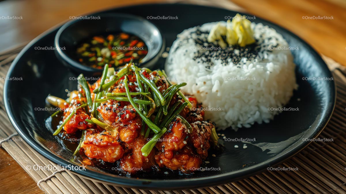 Spicy Asian Chicken with Steamed Rice and Green Onions