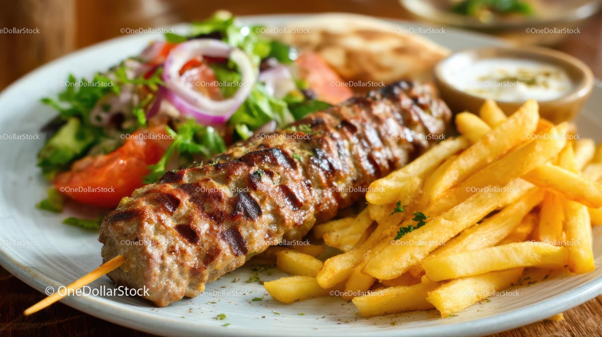 Grilled Kebab and Fries with Fresh Salad Plate