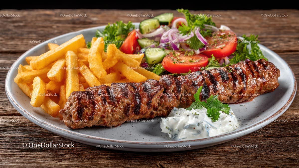 Pyszny grillowany kebab z frytkami i świeżą sałatką