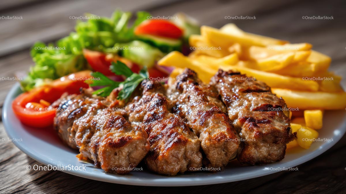 Grilled Kebabs with Fries and Fresh Salad