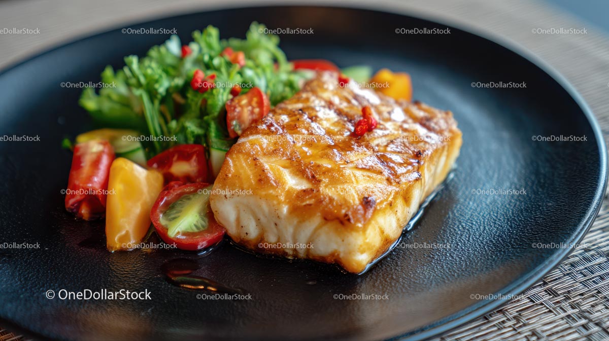 Grilled Fish with Rosemary on Wooden Plate