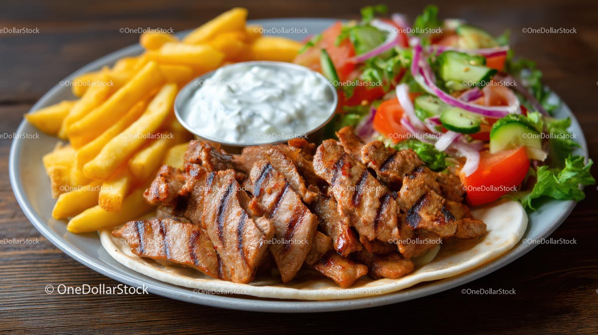 Flavorful Greek Gyro with Fresh Salad and Fries