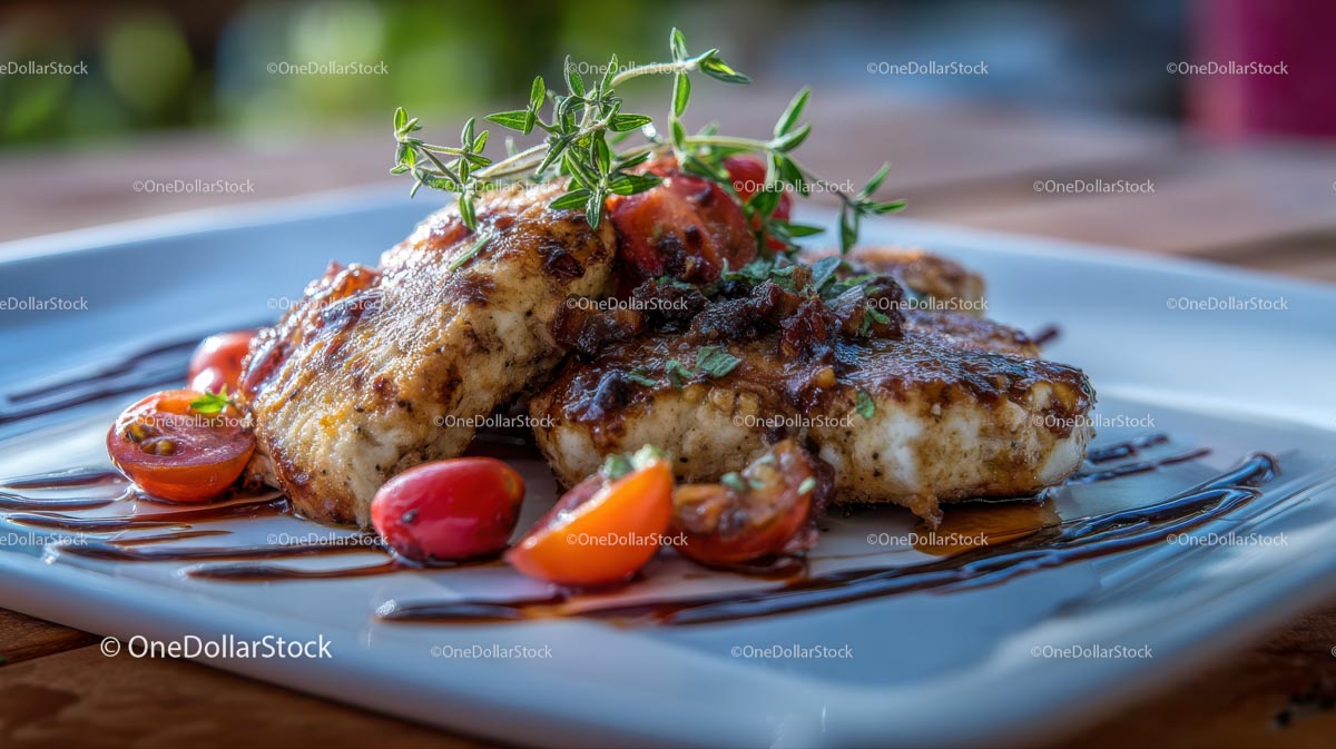 Grilled Fish with Rosemary on Wooden Plate