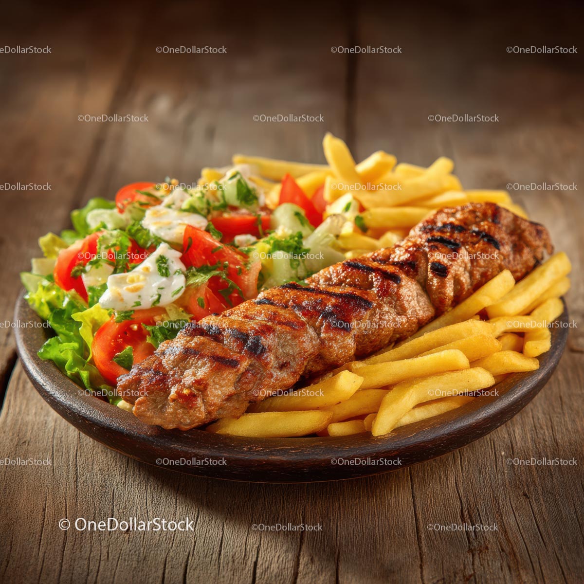 Grilled Kebab with French Fries and Fresh Salad