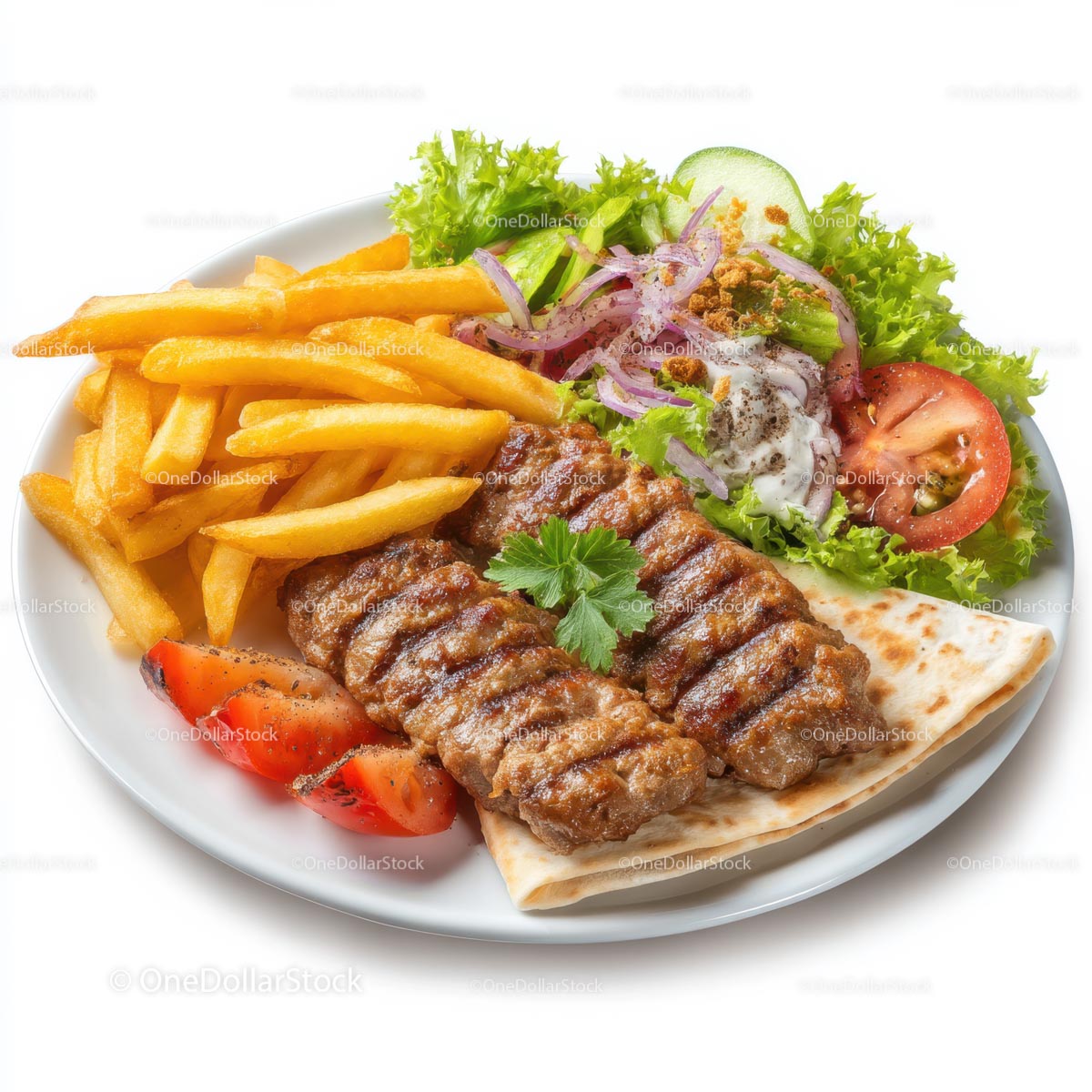 Grilled Meat with Fries and Fresh Salad on Plate