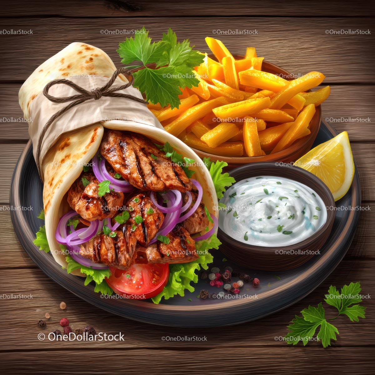 Wykwintna Shawarma z frytkami i ziołami na drewnianym stole