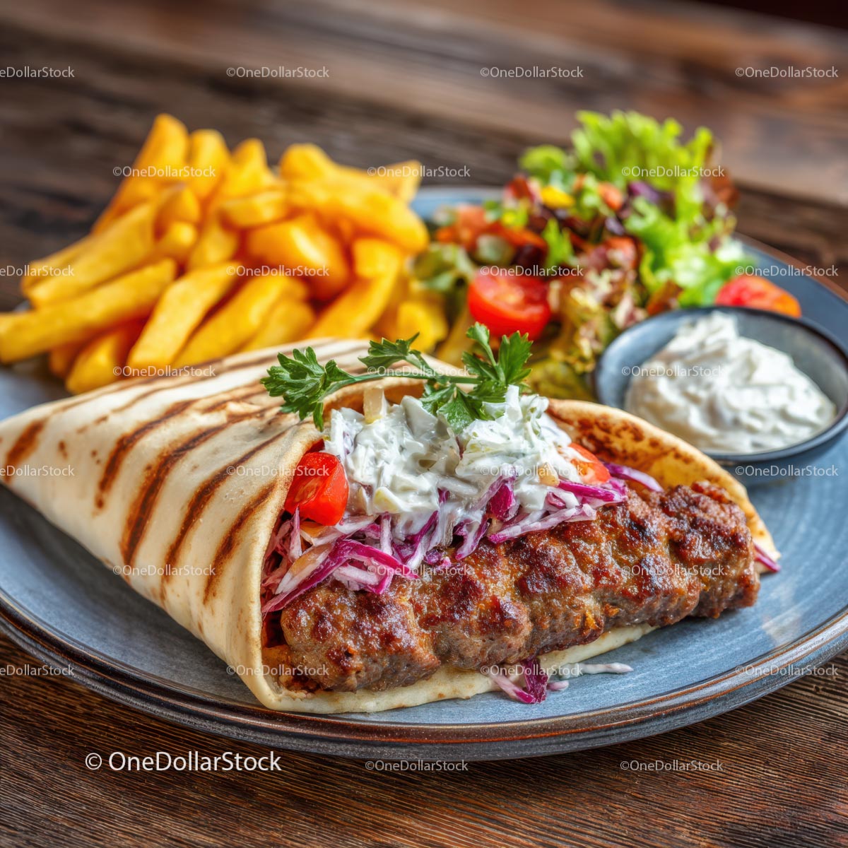Grilled Kebab in Pita with Fries and Fresh Salad