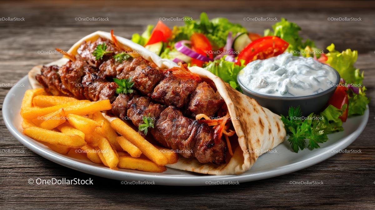 Pyszny grillowany kebab z tzatziki i frytkami