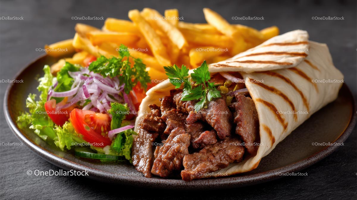 Grilled Beef Wrap with Fresh Salad and Fries