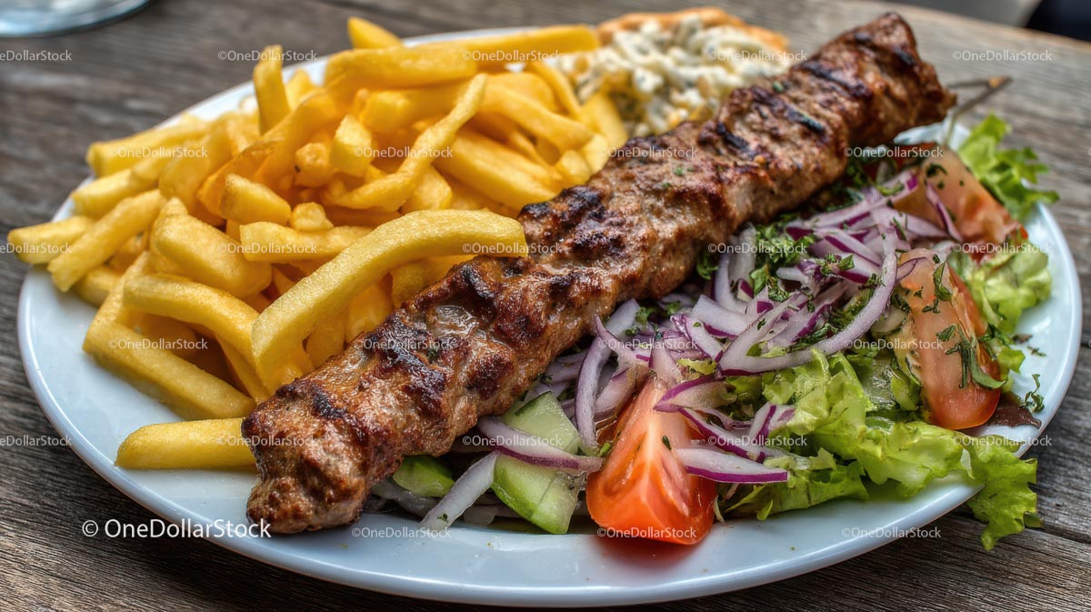 Grilled Meat Skewers with Fresh Salad and Crispy Fries