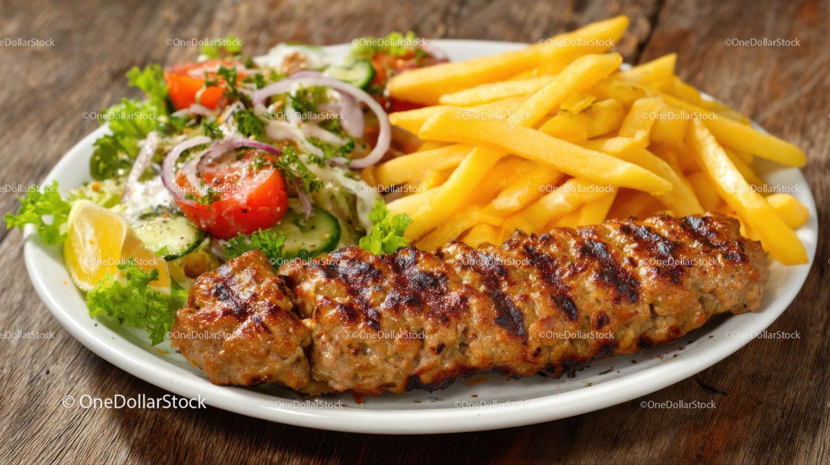 Grilled Kebab with Salad and Fries on Plate