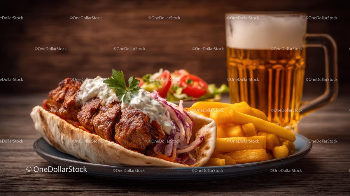 Grilled Kebab with Fries and Cold Beer