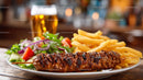 Grilled Kebab with Salad and Fries on Rustic Table