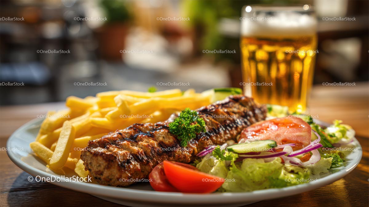 Grilled Kebab with Fries and Fresh Salad Outdoors