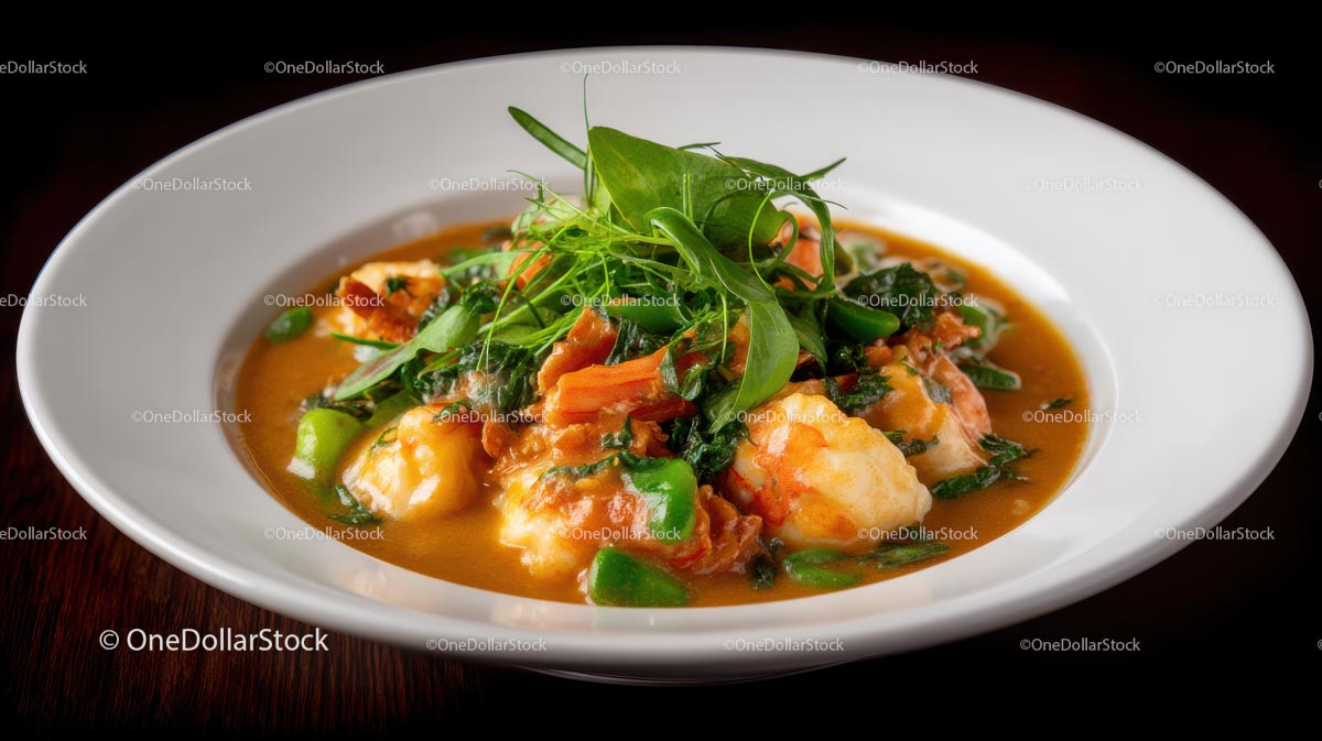 Gourmet Shrimp Dish with Fresh Greens in Rich Broth