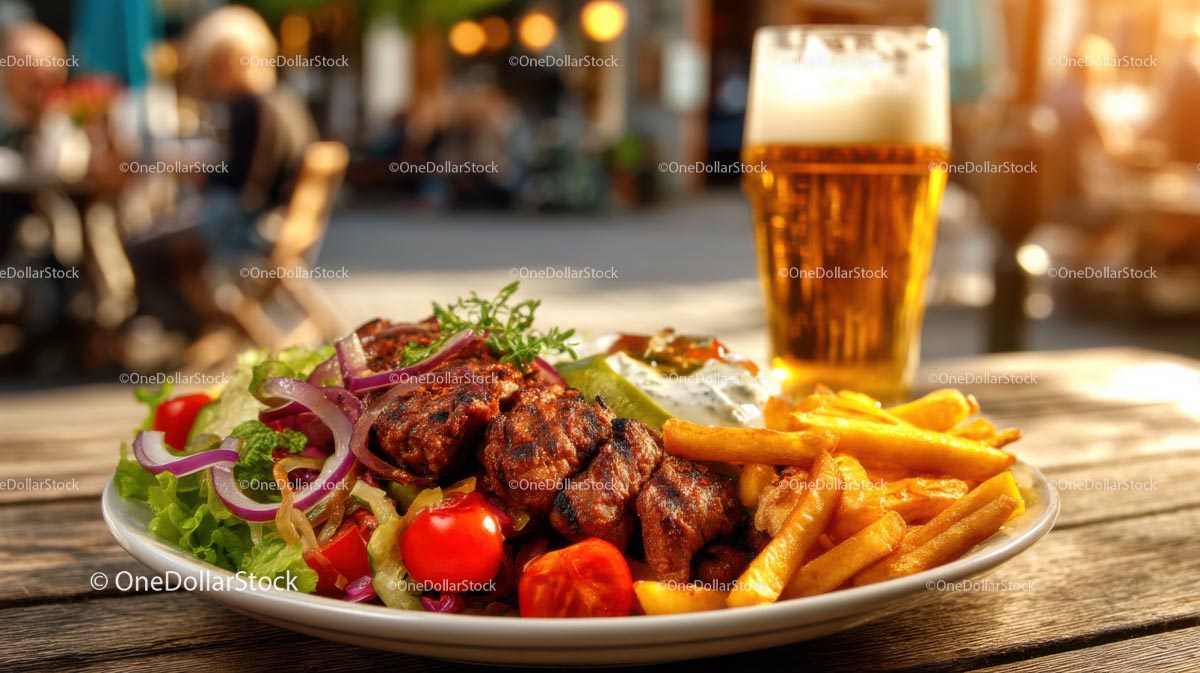 Grilled Meat and Fries with Salad and Beer on Rustic Table