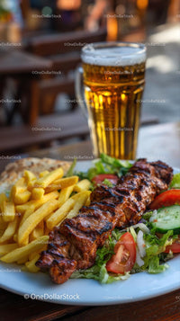 Grilled Kebab with Fries and Fresh Salad with Cold Beer