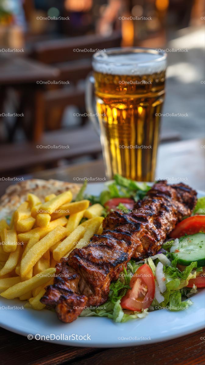 Grillowany kebab z frytkami i świeżą sałatką z zimnym piwem