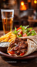 Juicy Grilled Meat Wrap with Salad and Fries