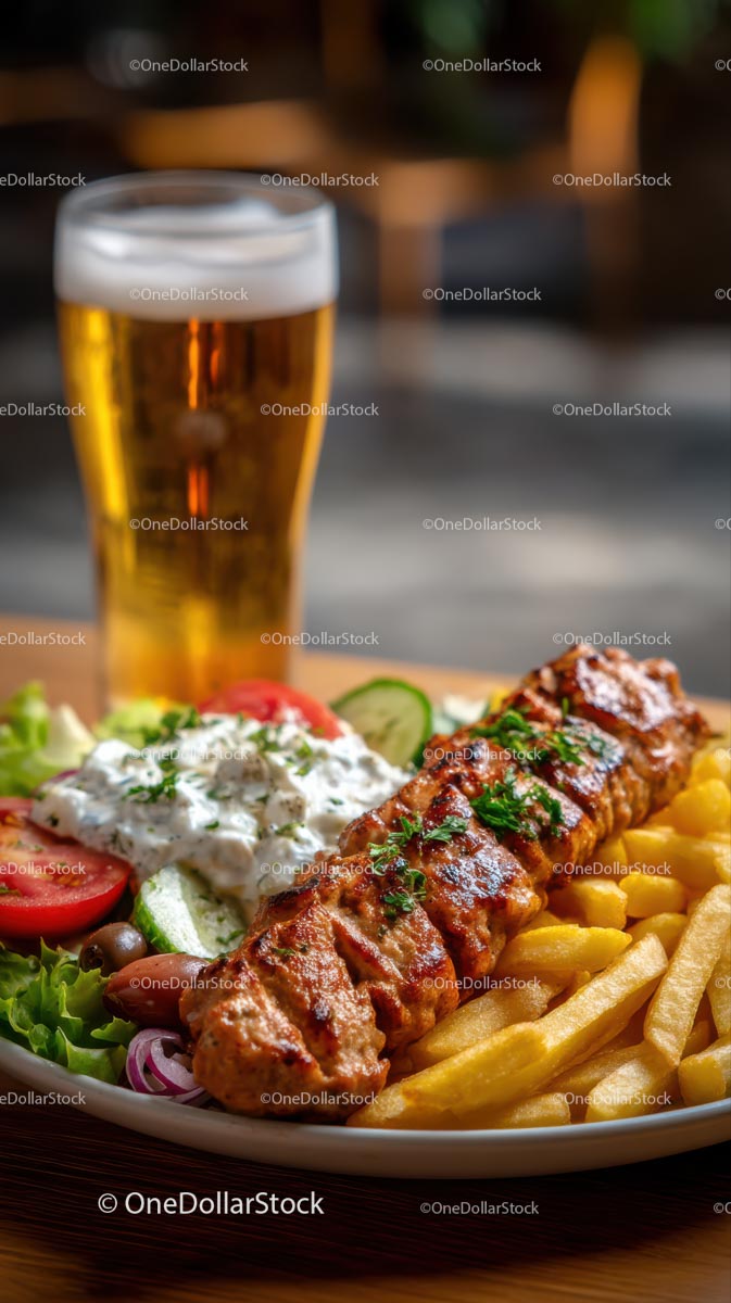 Grilled Kebab with Tzatziki, Fries, and Beer