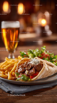 Gourmet Beef Pita with Fries and Refreshing Beer
