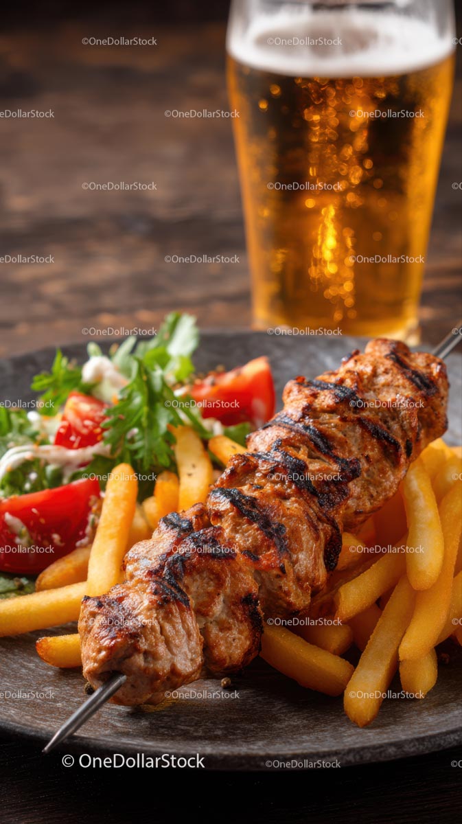 Grilled Skewer with Fries and Fresh Salad