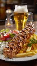 Grilled Meat Skewer with Fries and Beer on Dining Table