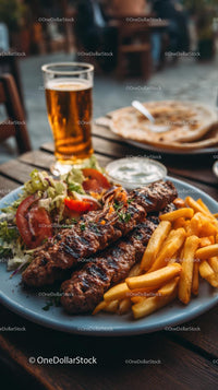 Grilled Kebab with French Fries and Salad on Outdoor Table