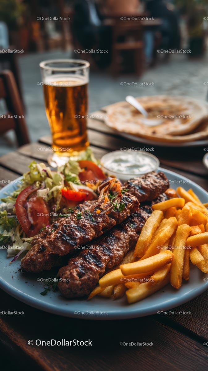 Grilled Kebab with French Fries and Salad on Outdoor Table