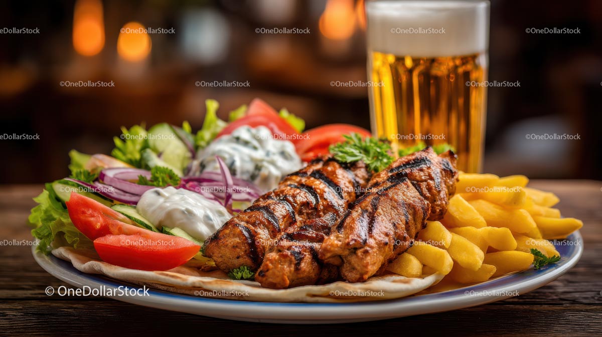 Grilled Kebab with Fries and Salad on Dining Table