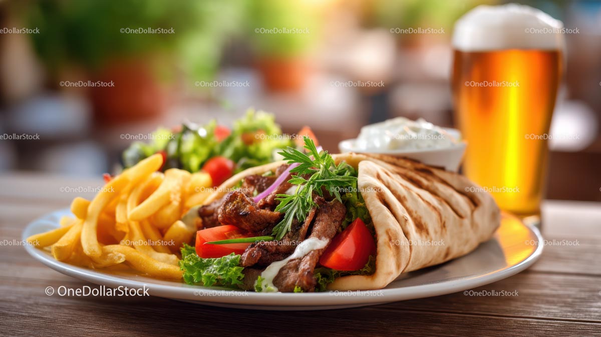 Grecki gyros z frytkami i sałatką na drewnianym stole