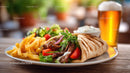 Greek Gyro with Fries and Salad on Wooden Table