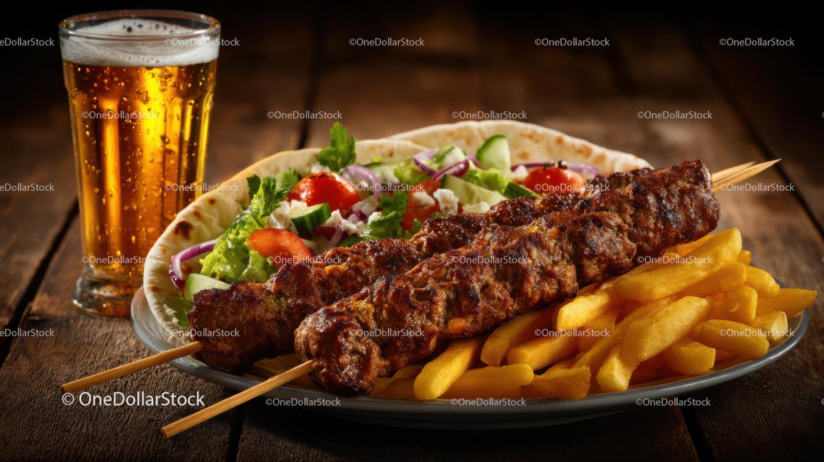 Juicy Grilled Kebab with Fries and Fresh Salad