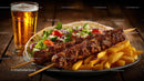 Juicy Grilled Kebab with Fries and Fresh Salad