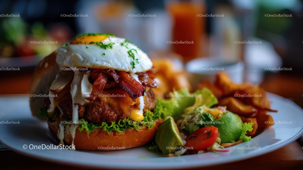 Burger gourmet z jajkiem sadzonym i świeżą sałatką z awokado