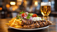 Grilled Skewers with Fries and Fresh Salad in Restaurant