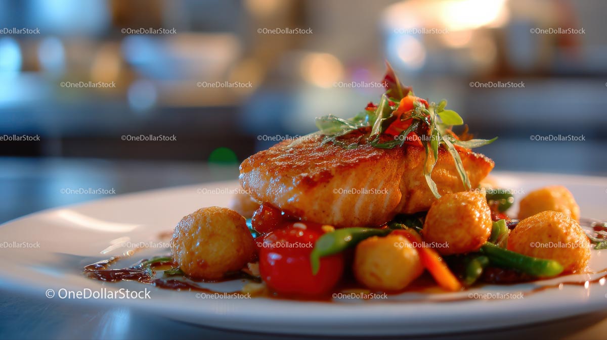 Gourmet Salmon Dish with Roasted Potatoes and Vegetables