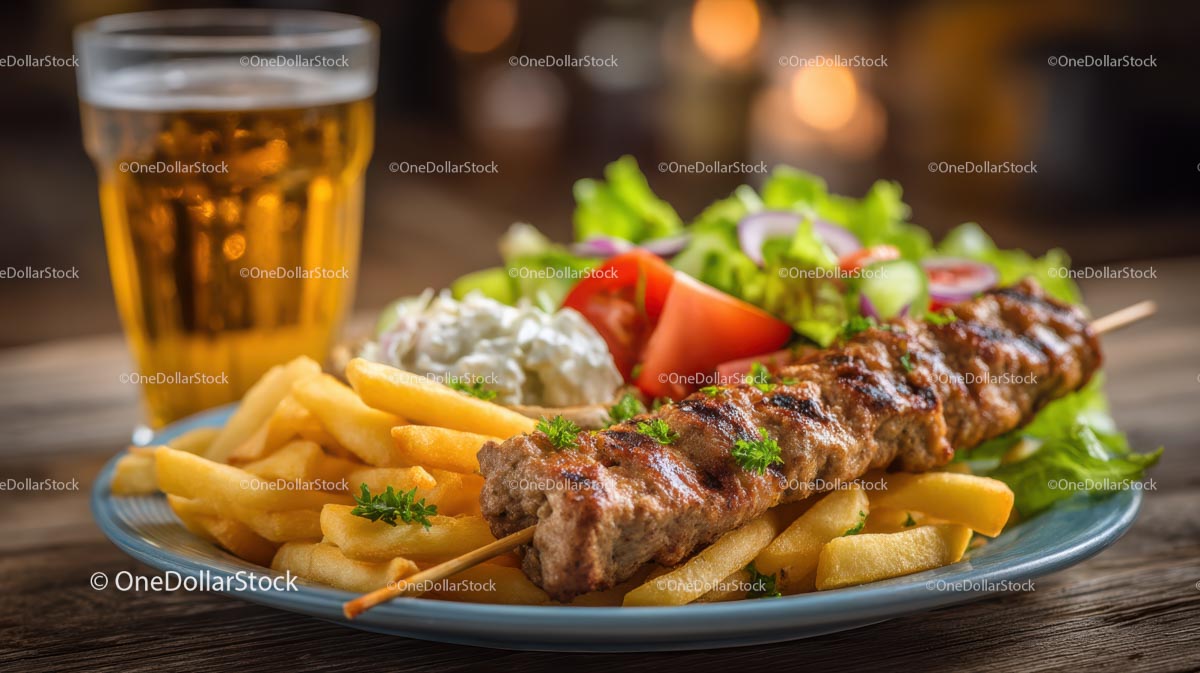 Grilled Meat Skewer with Salad and Beer