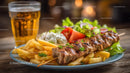 Grilled Meat Skewer with Salad and Beer