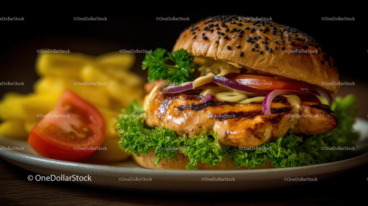 Gourmet Chicken Burger with Lettuce and French Fries