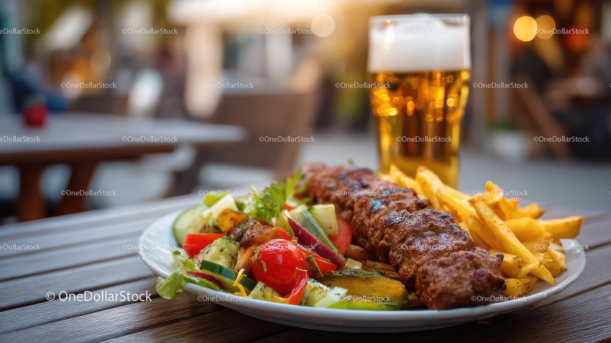 Grilled Kebab with Vegetables and Beer on Outdoor Table